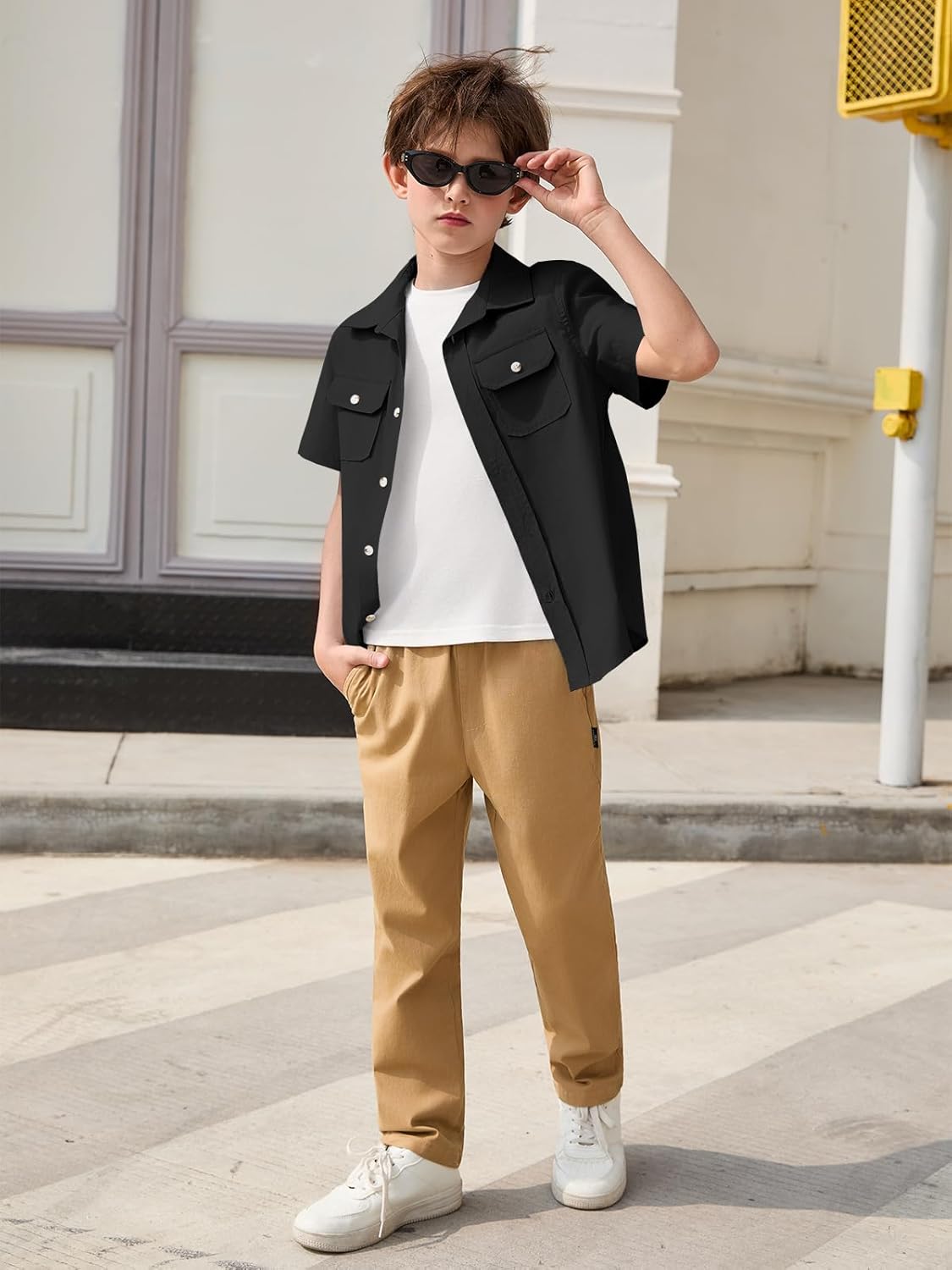 Haloumoning Boys Short Sleeve Button Down Shirt Kids School Uniform Dress Shirts with Chest Pockets 5-14 Years - Image 4