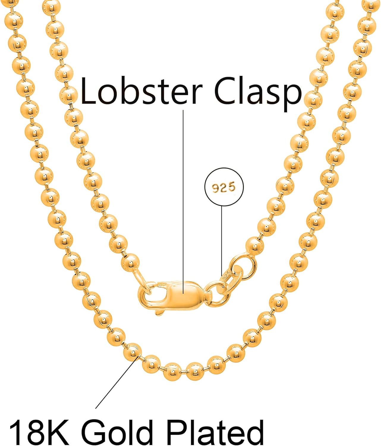 925 Sterling Silver Italian Solid Bead Ball Dog Tag Chain Necklace - 18K Gold Plated Bead Ball Chain Necklace Comes with Gift Box for Women & Men - Made in Italy - Image 2