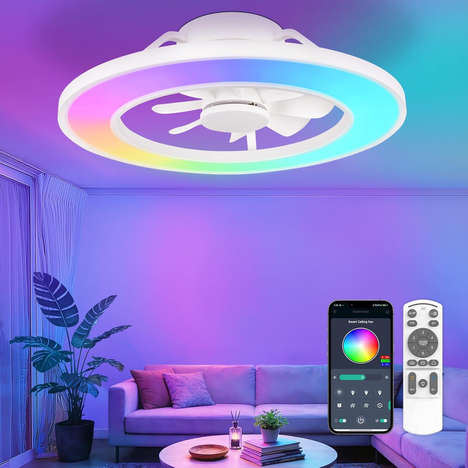 20" RGB Ceiling Fans with Lights, LED Low Profile Ceiling Fan Light, Modern RGB+CCT Dimmable Ambient Light Remote/APP Control, Flush Mount Fandelier for Bedroom Living Room