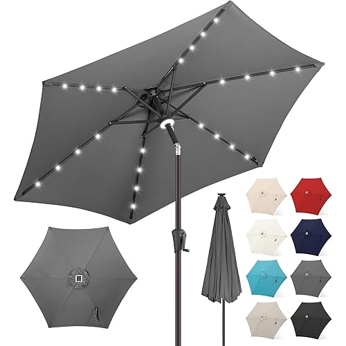 FLAME&SHADE 10ft Solar Umbrella - 24 LED Lighted Patio Umbrella with Centre Surround Light, Outdoor Table Umbrellas with Tilt & Crank for Pool, Porch, Garden, Deck, Backyard UV Protection (Anthracite)