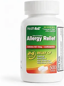 HealthA2Z Cetirizine 10mg Allergy Relief, Dye-Free, 500 Count