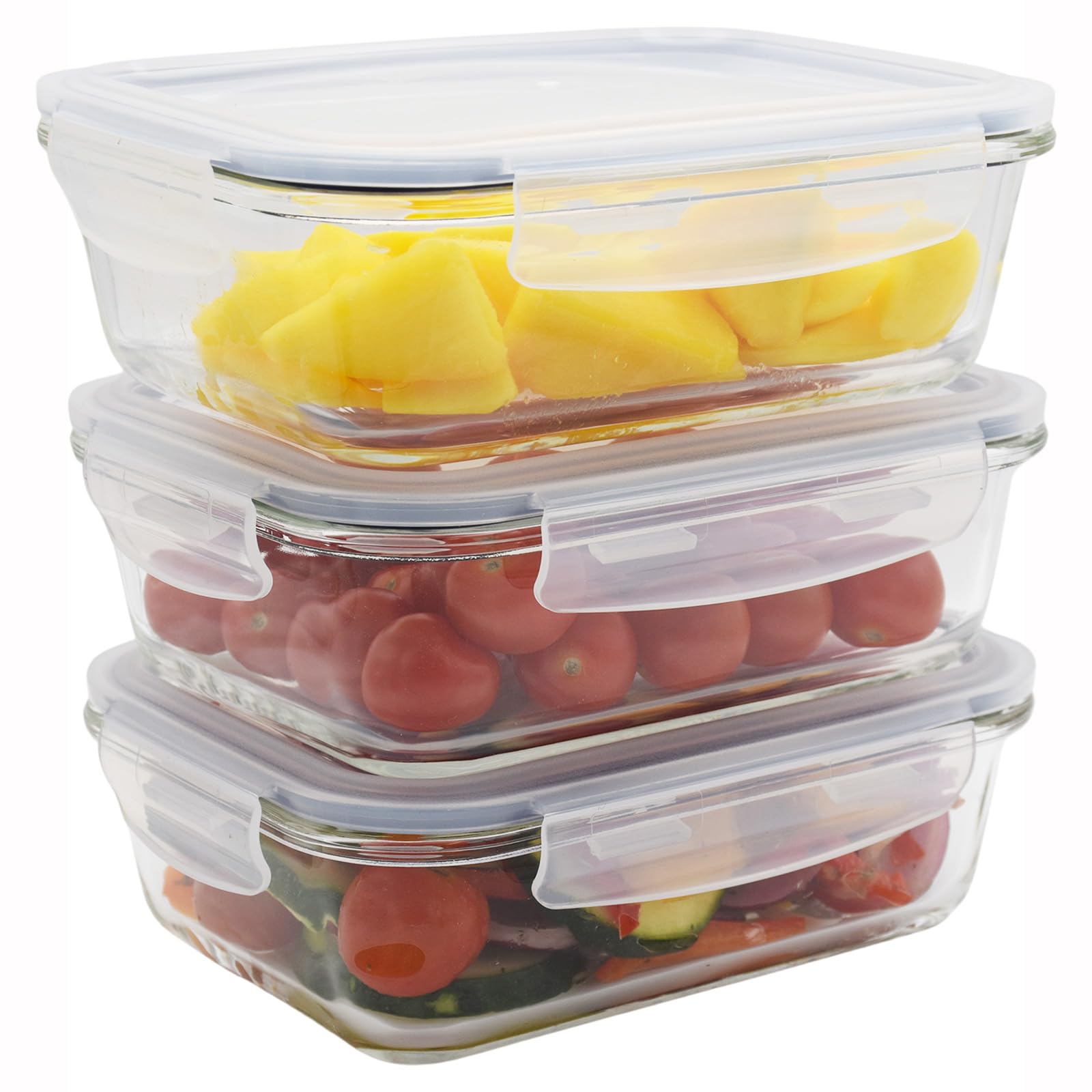 HOCHSTE Airtight Glass Food Containers with Lids - 3-Pack, 100% Leak Proof BPA Free Food Storage Containers with Locking Lids - Freezer to Oven Safe - Glass Meal Prep Box Takeaway Containers - 840ml