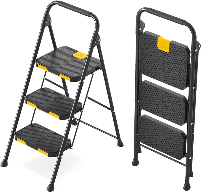 KINGRACK 3 Step Ladder, Sturdy Steel Folding Step Stool with Safe-Lock ...