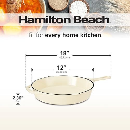 Miniatura 6 de Hamilton Beach Sartén de hierro fundido esmaltado de 12 pulgadas, crema, revestimiento de esmalte en crema, sartén para estufa y horno