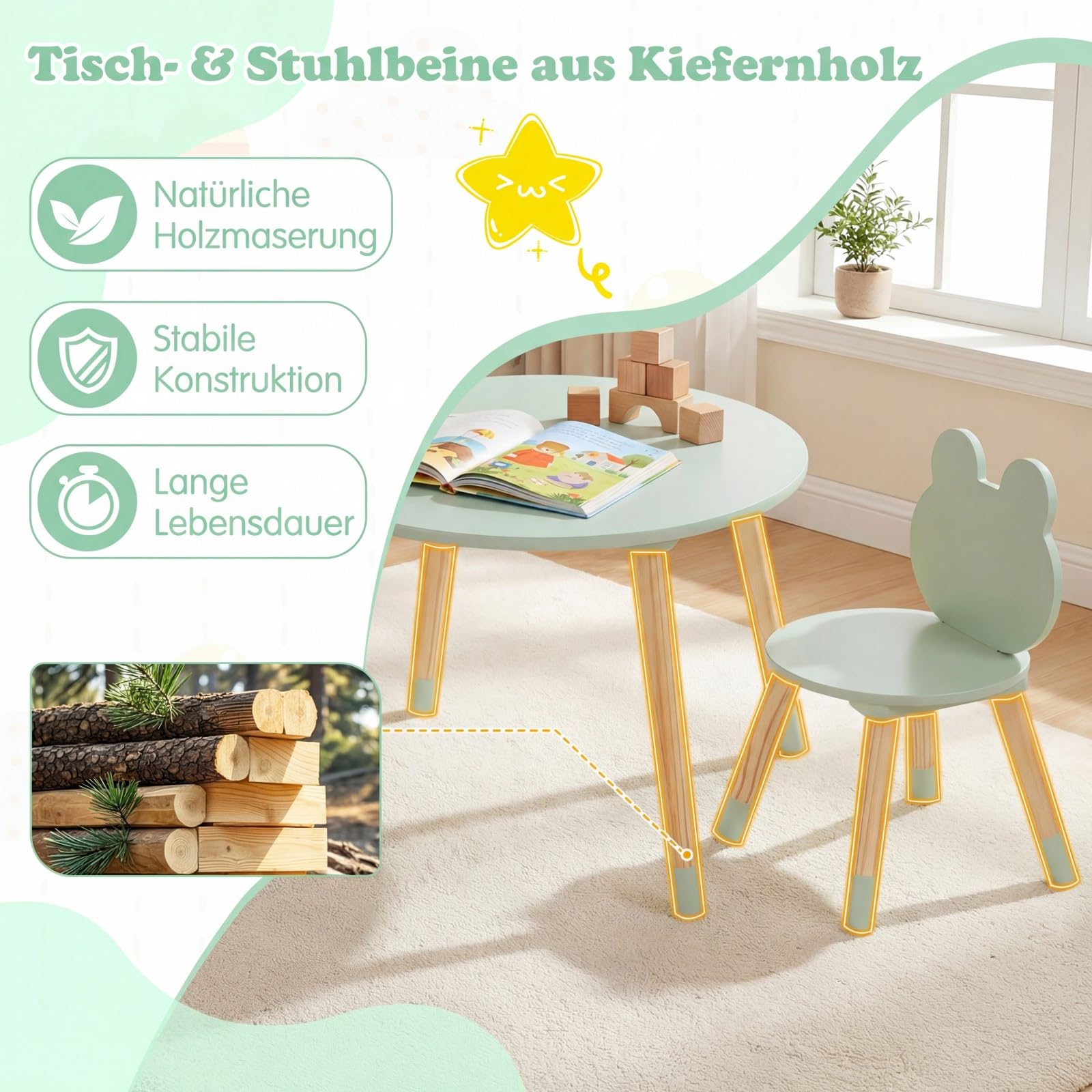 COSTWAY Kindertisch mit 2 Stühlen in Froschform, 3 teilige Kindersitzgruppe mit Kiefernholzbeinen, Kinder Tisch Stuhl Set innen, runder Maltisch für Kinder ab 3 Jahren (Grün)