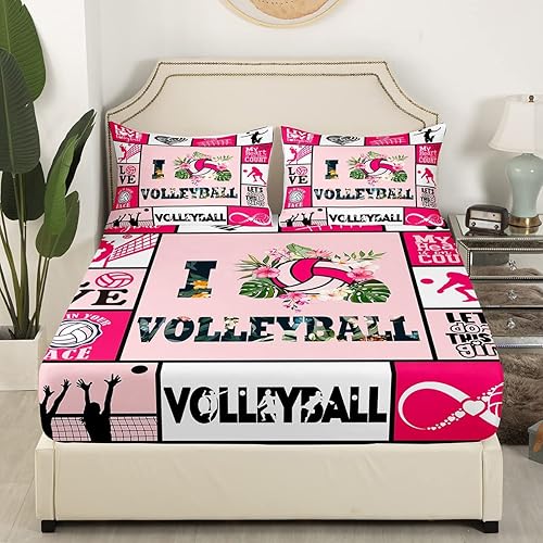 Miniatura 3 de Manfei Juego de sábanas de voleibol tamaño matrimonial, juego de sábanas deportivas de 4 piezas con sábana bajera de bolsillo profundo + sábana