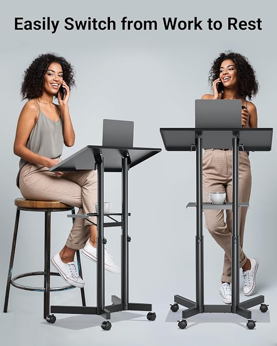 BONTEC Adjustable Mobile Laptop Desk, Rolling Stand-Up Desk with Wheels, 60x40 cm Height Adjustable, Portable Podium, Ergonomic Tilted Top Platform, Mobile Workstation for Home Office