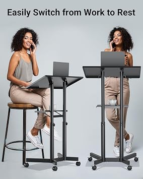 BONTEC Adjustable Mobile Laptop Desk, Rolling Stand-Up Desk with Wheels, 60x40 cm Height Adjustable, Portable Podium, Ergonomic Tilted Top Platform, Mobile Workstation for Home Office