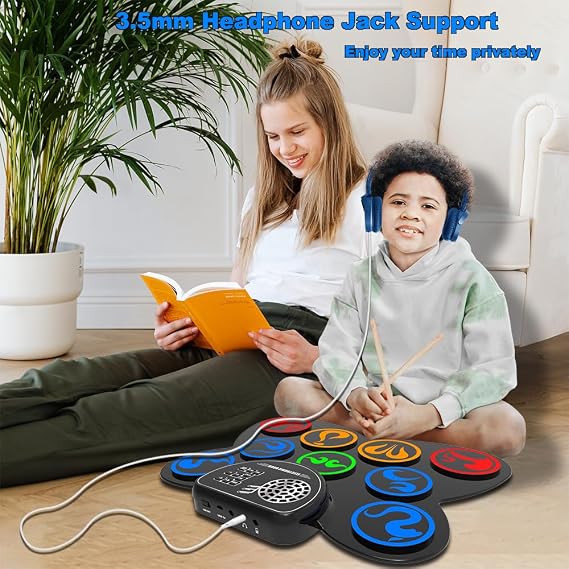 Electric Drum Kit - CNAPXAIA Portable Kids Drum Set with Build-in Stereo Speakers, 9 Pad Silicone Electronic Drum Machine Musical Instrument Gifts for Birthday Christmas