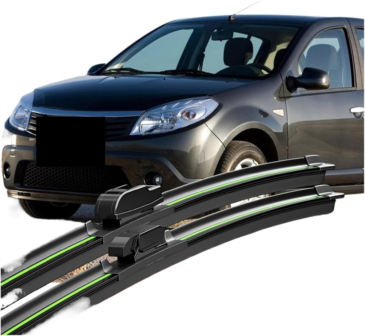 Car Wiper Blades Compatible With Dacia Sandero 2007-2023 Front Windshield Wiper Blades 2pcs Windscreen Window Accessories 2008 2012 2013 2014 2016 2018 2020(Black-Green,MK2 (2015-2019))