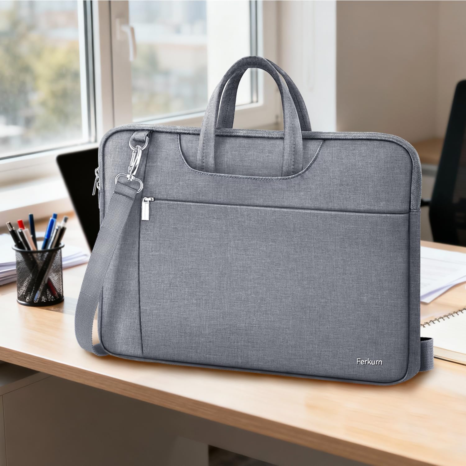 Ferkurn Laptop Bag Case Women Men Computer Sleeve with Shoulder Compatible with HP Envy Pavilion/Inspiron/Thinkpad/Vivobook/MSI/Surface,Waterproof Briefcase with Handle, Grey, 17 17.3 Inch - Image 7
