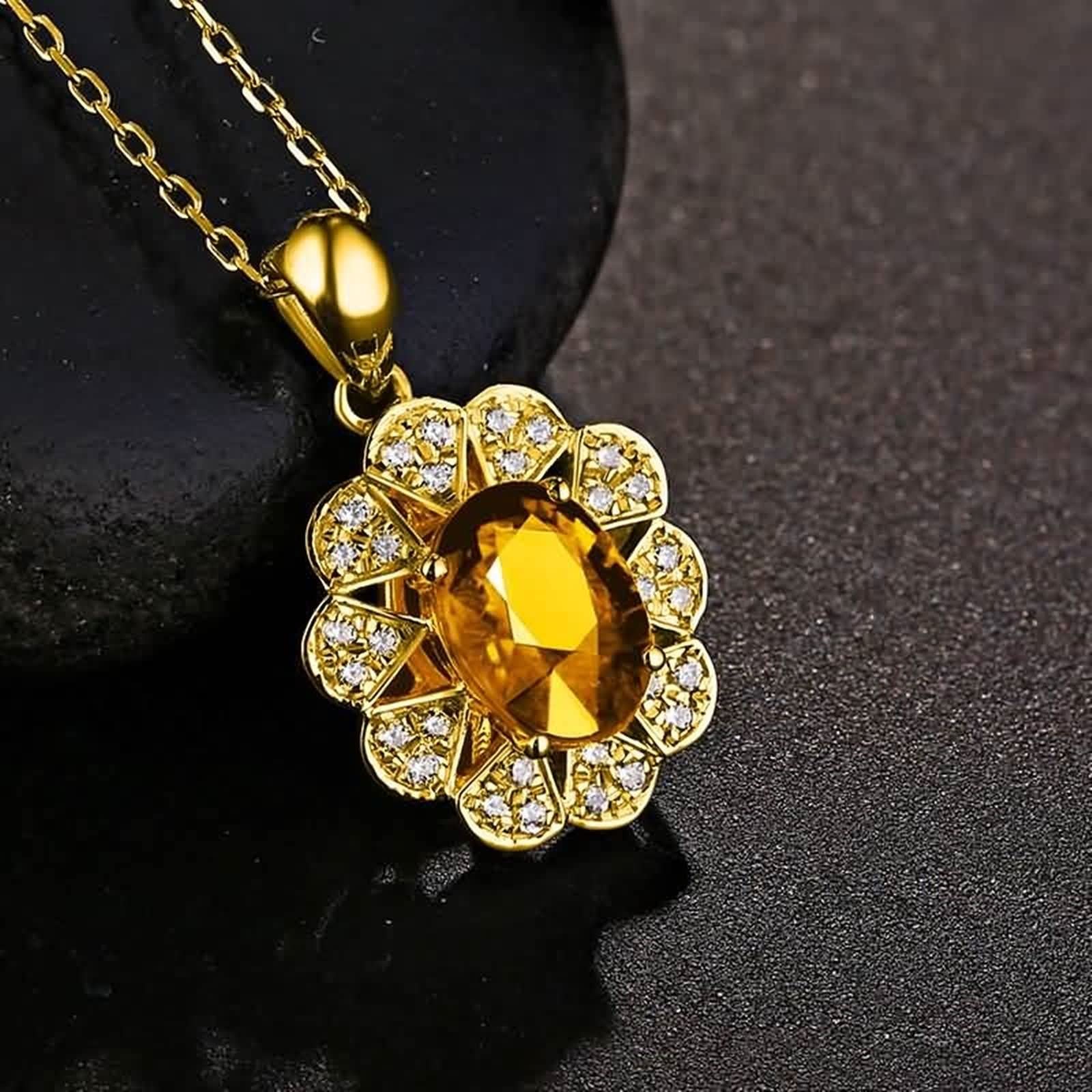 Damen Halskette Gold Echt, Kette Anhänger Damen mit Citrin 1.67ct und Moissanite, Echtschmuck für Frauen