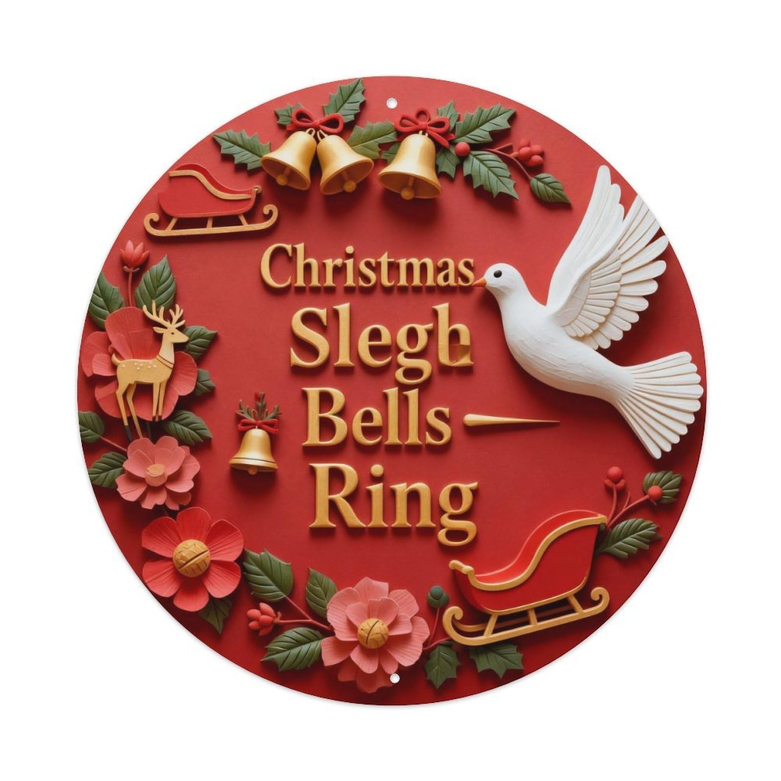 Christmas Sleigh Bells Round Wall Plaque Metal Tin Sign Plaque