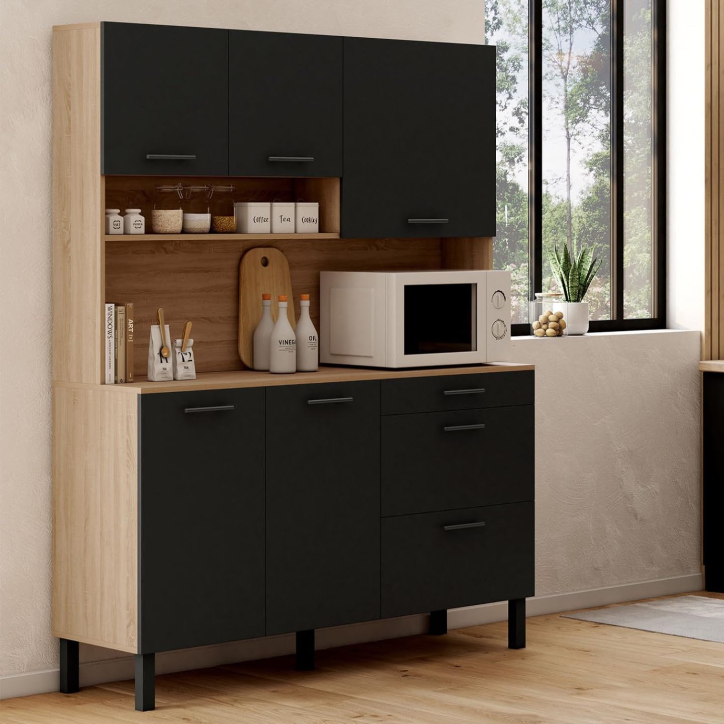 IDMarket - Buffet casserolier de Cuisine 140 cm CINA façon hêtre et Noir | Avec 5 portes + 3 tiroirs