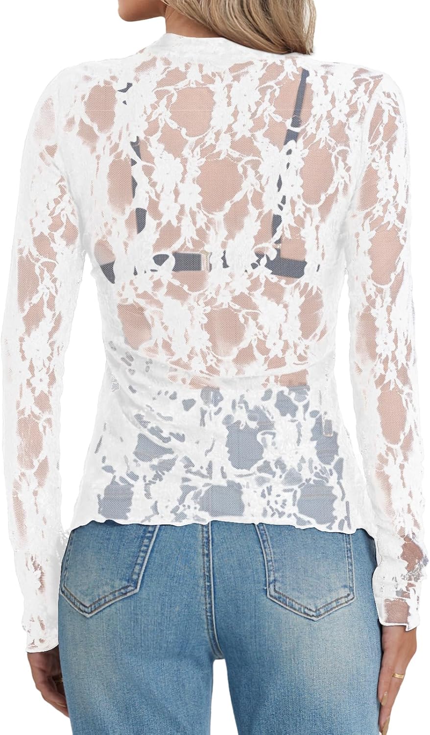 Elesomo Womens Mesh Short/Long Sleeve Tops Mock Neck See Through Shirts Floral Lace Blouses - Image 2