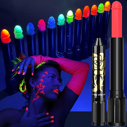 12 colores brillantes UV luz negra resplandor pintura de neón maquillaje fluorescente luminoso kit de pintura facial para niños Halloween, pintura