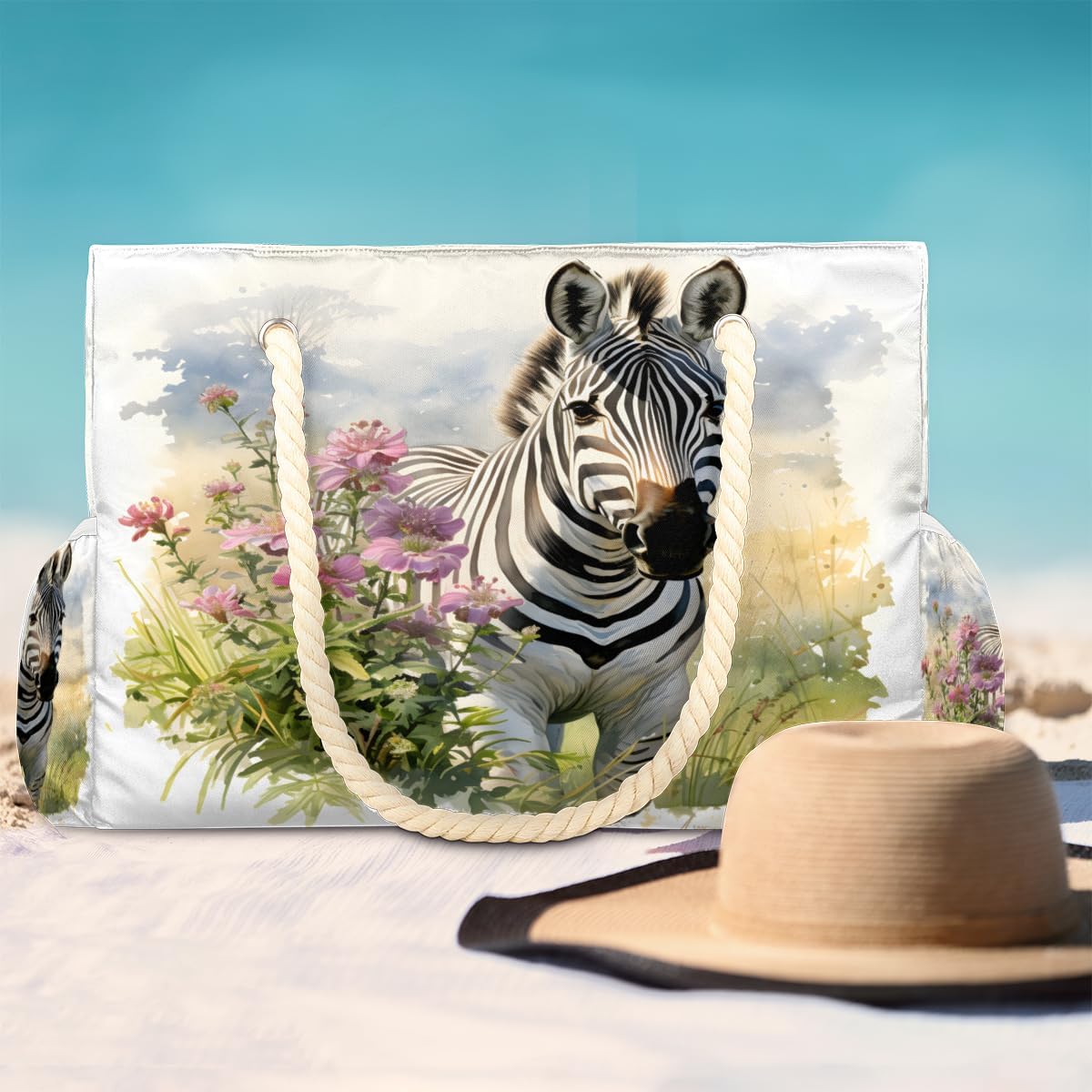 Watercolour Zebras Flowers Beach Bag for Women Waterproof Sandproof Tote with Zipper Cotton Rope Handles for Travel Pool Gym Shopping