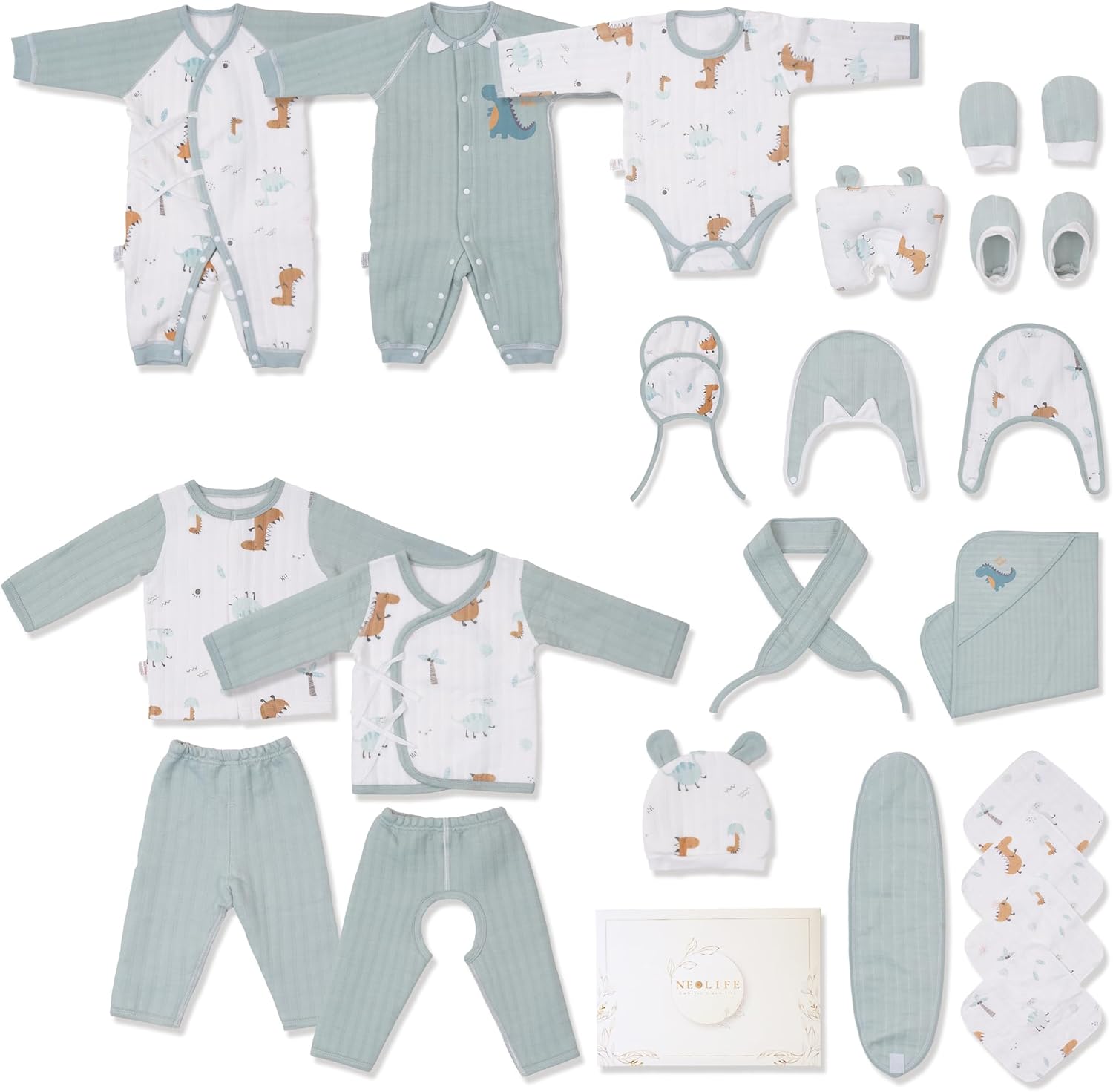 Neo Life 24-Piece Dinosaur Winter Organic Cotton Baby Gift Set – Baby Shower Layette Hamper, Newborn Essentials, Unisex 3-6 Months