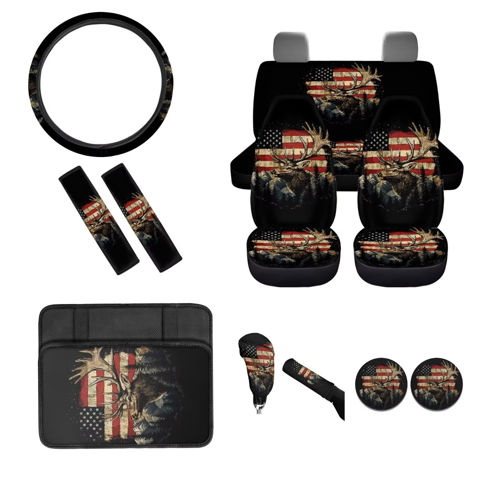 BIGCARJOB American Flag Seat Covers Full Set for Car Universal Auto Front Rear Seat Protector 12 Pcs Elk Steering Wheel Covers,Armrest Pads,Seat Belt Pads