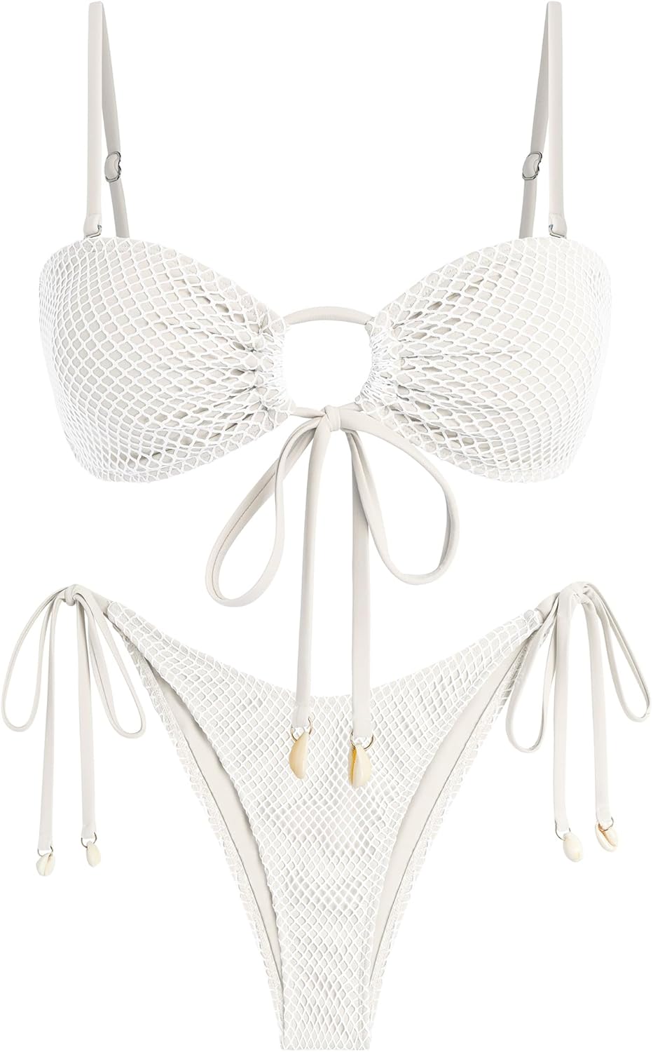 ZAFUL Women's Bandeau Bikini Set O Ring Fishnet String Swimsuit Seashell Tie Side Two Piece Bathing Suits