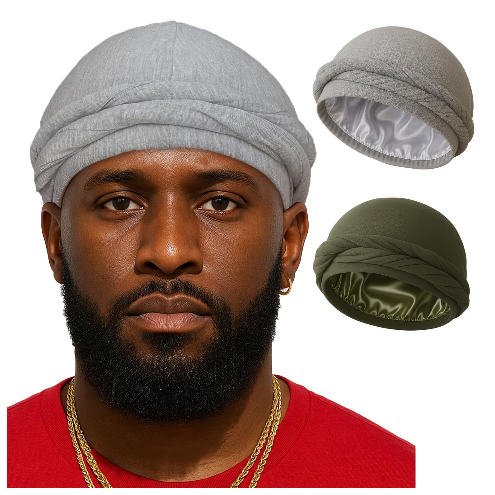 Upgraded Halo Turban Durag for Men &Women, Pre-Tied Skull Cap, Hair Loss Hat Silk-Lined Headwraps, Sleeping Bonnet (L,Light Gray+Olive)