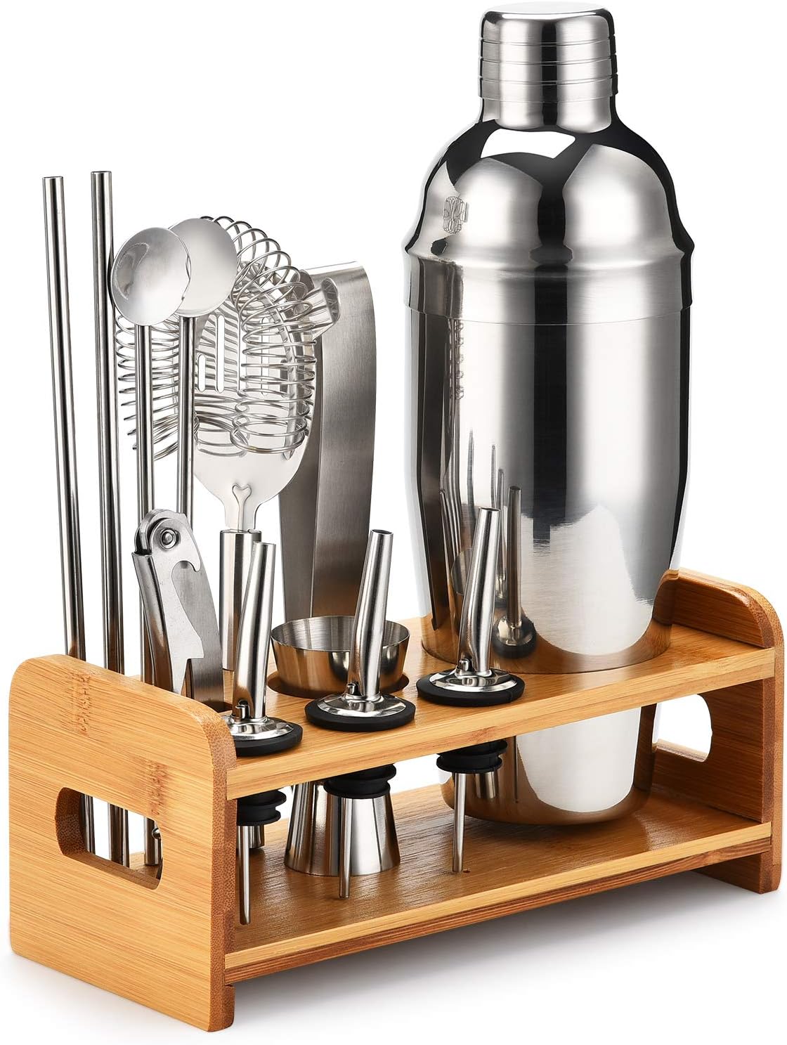 HORITEK Home Bartender Kit: 12-Piece Bar Tool Set with Stylish Bamboo Stand - Perfect Home Bartending Kit and Martini Cocktail Shaker Set with Recipes Booklet For an Awesome Drink Mixing Experience