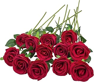 12 Pièces Texture Veloutée Fausses Fleurs Roses rouges, Bouquet Fleurs Artificielles Naturelles et Réelles, 19.29in Roses Artificielle pour Bouquets de Mariée, Home, Mariages, Décorations de Fête
