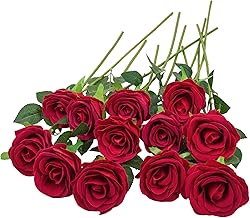 12 Pieces Velvet Texture Fake Red Rose Flowers, Natural and Real Artificial Flowers, 19.29in Artificial Roses for Bridal Bouquets, Home, Weddings, Party Decorations