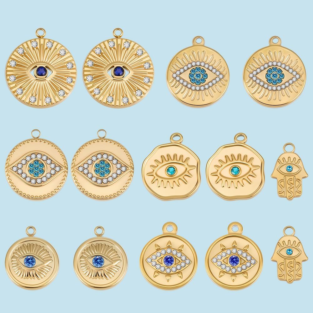 Beebeecraft 14Pcs 7 Styles Evil Eye Charms 18K Gold Plated 304 Stainless Steel Round Hand Rectangle Shape Evil Eye Charm for Jewelry Making DIY Crafts Necklace - Image 7