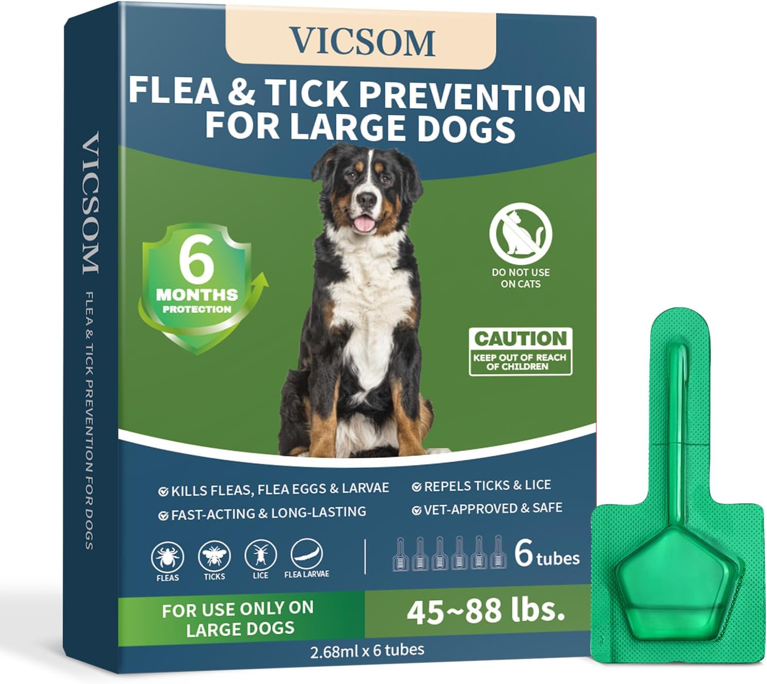 VICSOM Flea & Tick Prevention for Large Dogs 45-88 lbs: 6-Month Waterproof Topical Treatment Kills Fleas, Ticks, Mosquitoes Fast