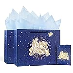 Powbrace 13 Blue Happy Birthday Gift Bag with Tissue Paper and Greeting Card for Party,Happy Birthday Gift Bag for Men Women, Gift Bags Medium size(2 PCS Blue)