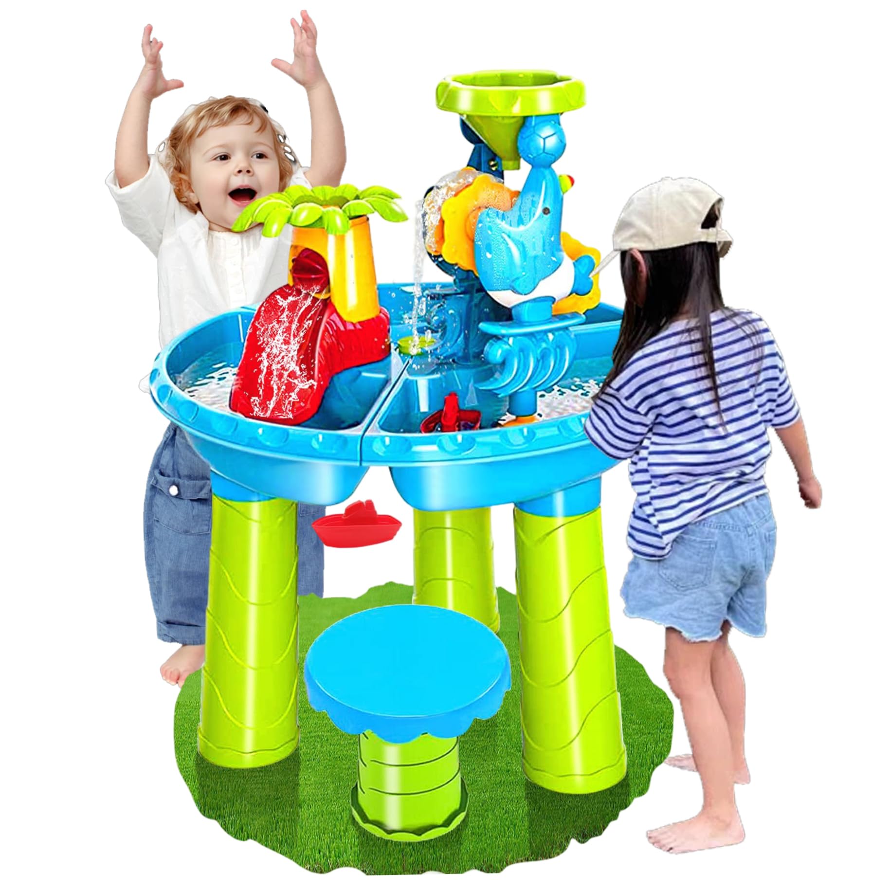 Mesa de agua para niños, mesa de juegos de agua y arena 3 en 1 con moldes de animales, pala, paleta, rastrillo de mano, cubo, banco y más para juguetes de verano, playa, piscina, patio trasero jueg