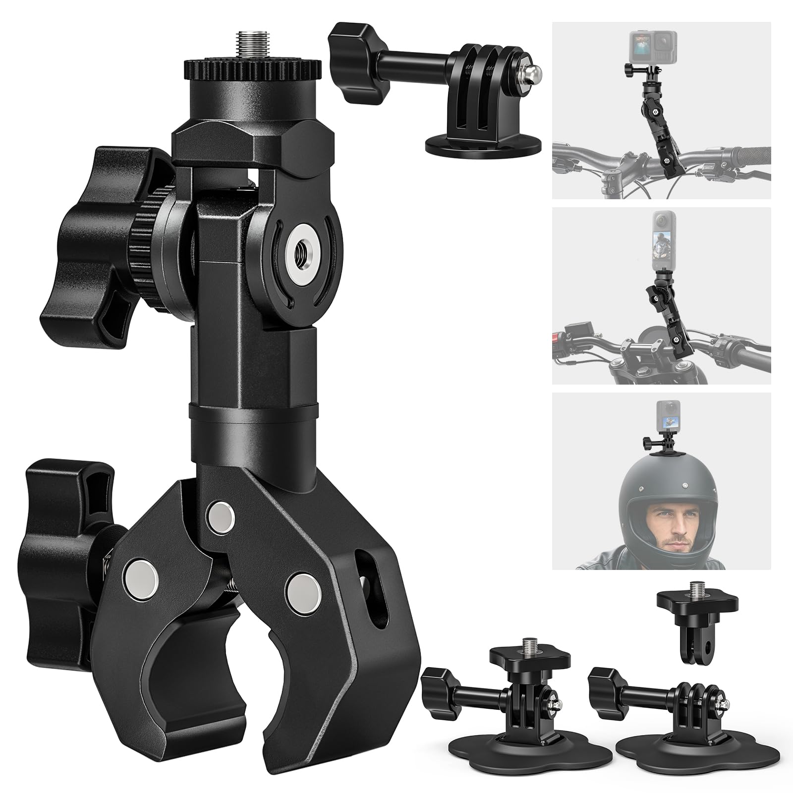 Supporto da moto per Insta 360 X5 X4 X6 GoPro Hero 13 DJI Pocket | Supporto a morsetto per manubrio di moto e 2 supporti adesivi flessibili per casco Insta360 X3 One X2 DJI Osmo Pocket 4/3