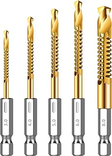 5Pcs Titanium Coated HSS Twist Drill Bit Set, 1/8"-5/16" Wood Drill Bits with Hex Shank, Serrated Cutting Wood Drilling Set Woodworking Hinge Cutter Tool Kit for Wood Plastic Plywood Thin Metal