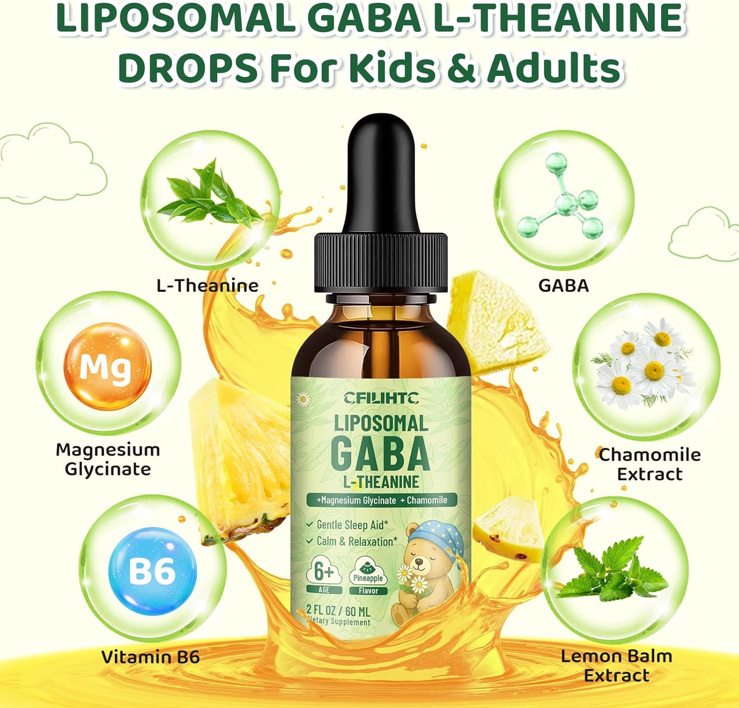 Liposomal GABA L-Theanine Drops for Kids - Liquid GABA Supplement with Magnesium, Chamomile, Lemon Balm & Vitamin B6 - Support Relaxation, Focus & Stress Relief for Kids & Adults - Pineapple Flavor - Image 2