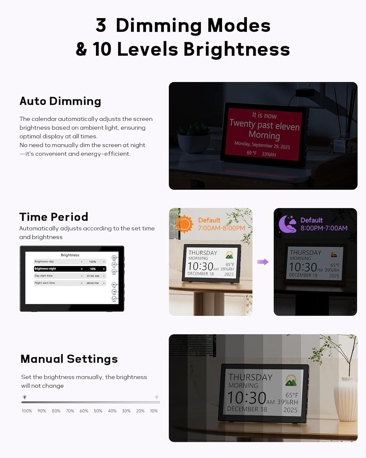 Diagram showing 3 dimming modes and 10 levels of brightness for the Mesqool Digital Clock.