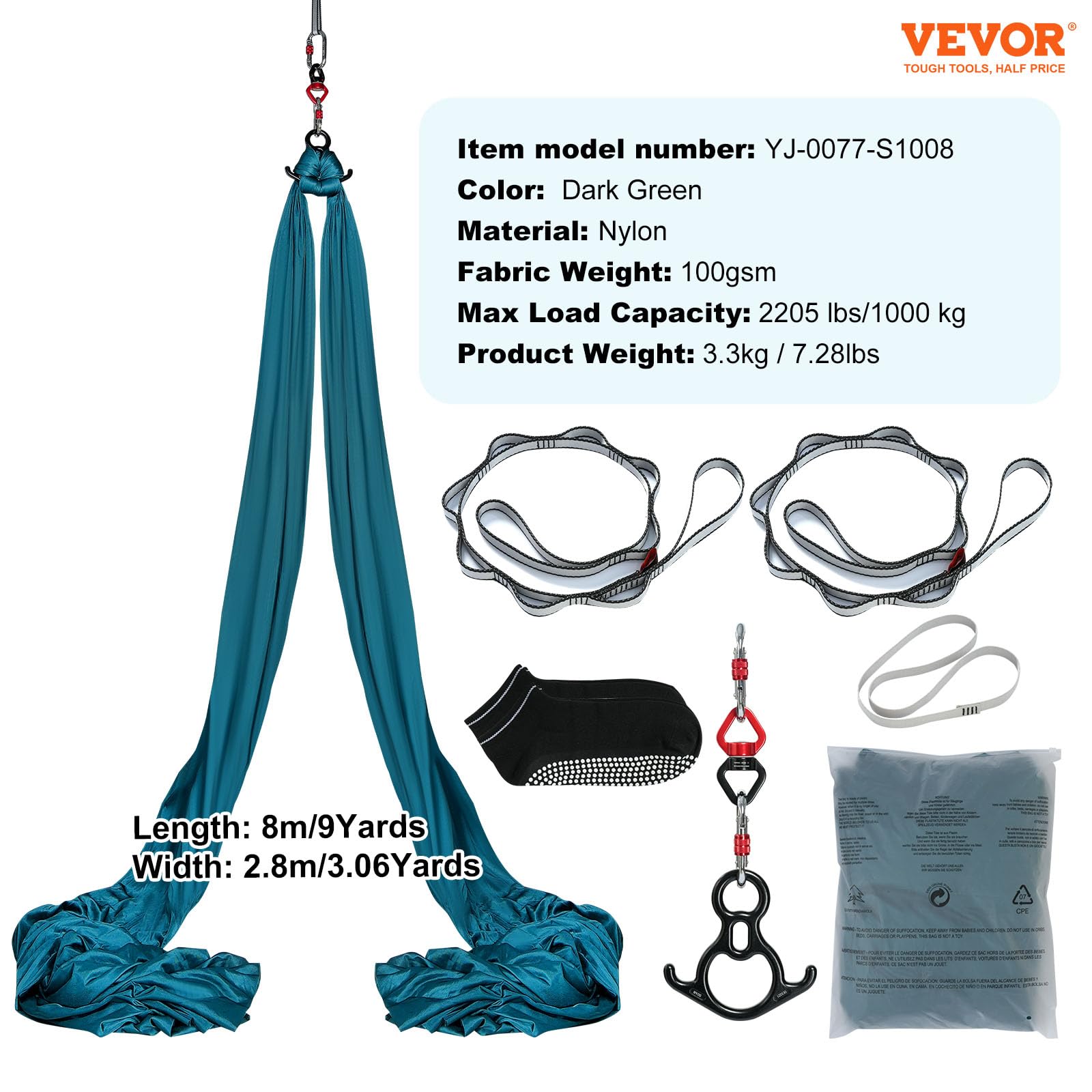 VEVOR Columpio aéreo de seda y yoga, kit de hamaca de yoga aérea con tela de nailon de 100 g/m², hardware de aparejo completo y guía de fácil instalación, vuelo antigravedad para todos los niveles