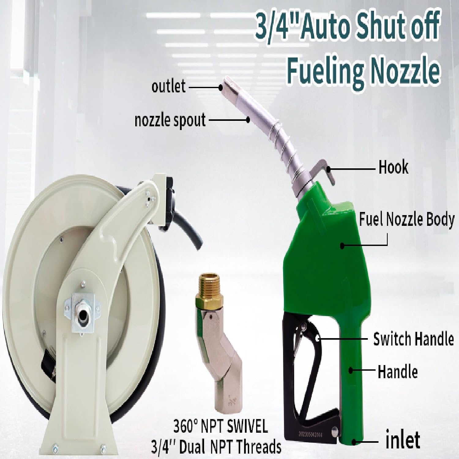 3/4"x50' Fuel Hose Reel Retractable & Fuel Nozzle & Fuel Hose Swivel,Spring Driven Diesel Hose Reel,Inlet 1" NPT Thread Swivel Oulet 3/4" NPT Thread Swivel,Heavy Duty Steel Construction Reel