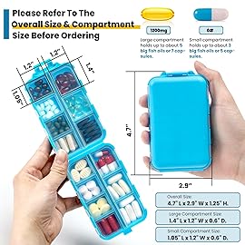 14 Grids Travel Pill Organizer Box with 415-Pcs Medicine Name Labels - Pocket Daily Pharmacy Case Container Kit - Travel Medication Holder Dispenser for Fish Oil Vitamin Supplement Storage - Blue
