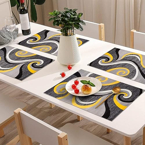 Miniatura 3 de Reateforin Juego de 6 manteles individuales grises y amarillos, arte abstracto moderno, bohemio, antideslizante, resistente al calor, manteles