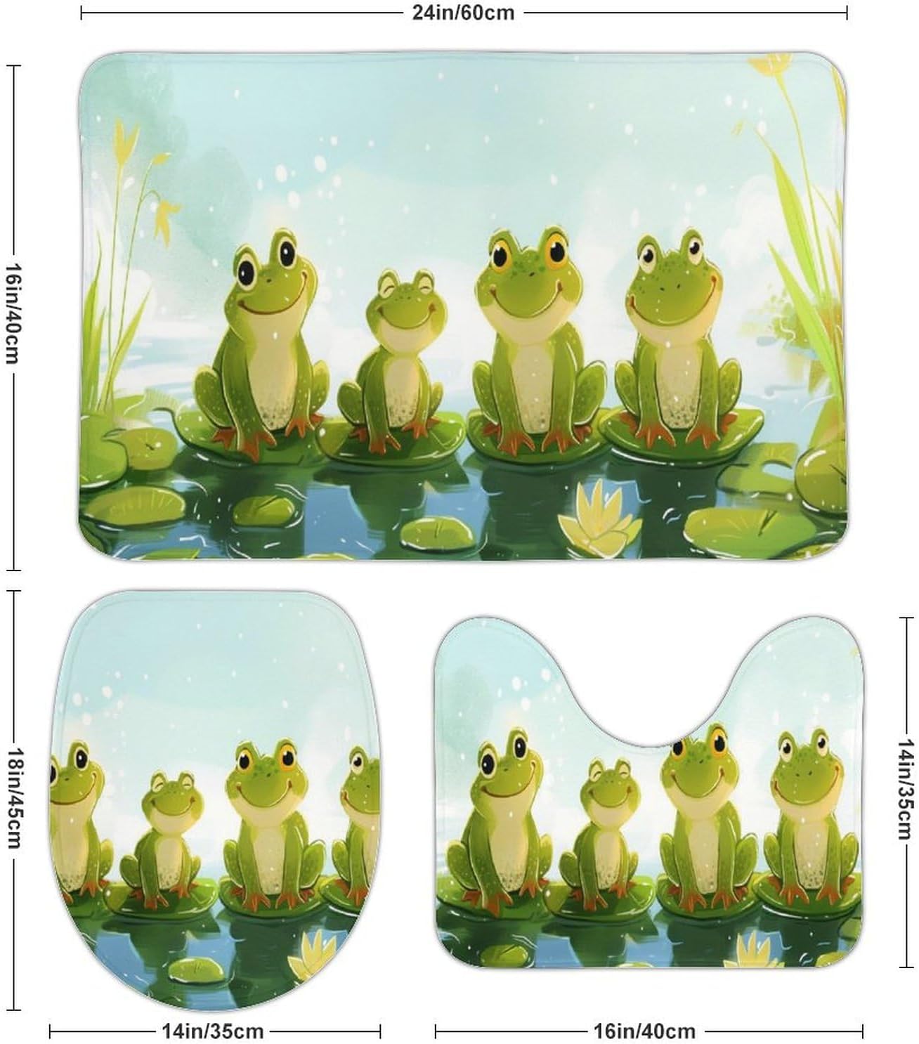 Four Happy Frogs on Lily Pads Bathroom Rugs Sets 3 Piece - Sunny Day Time Bath Mats,U-Shape Toilet Lid Cover,Contour Mat,Shower Mats Bath Rug Mat for Bathroom Tub Toilet