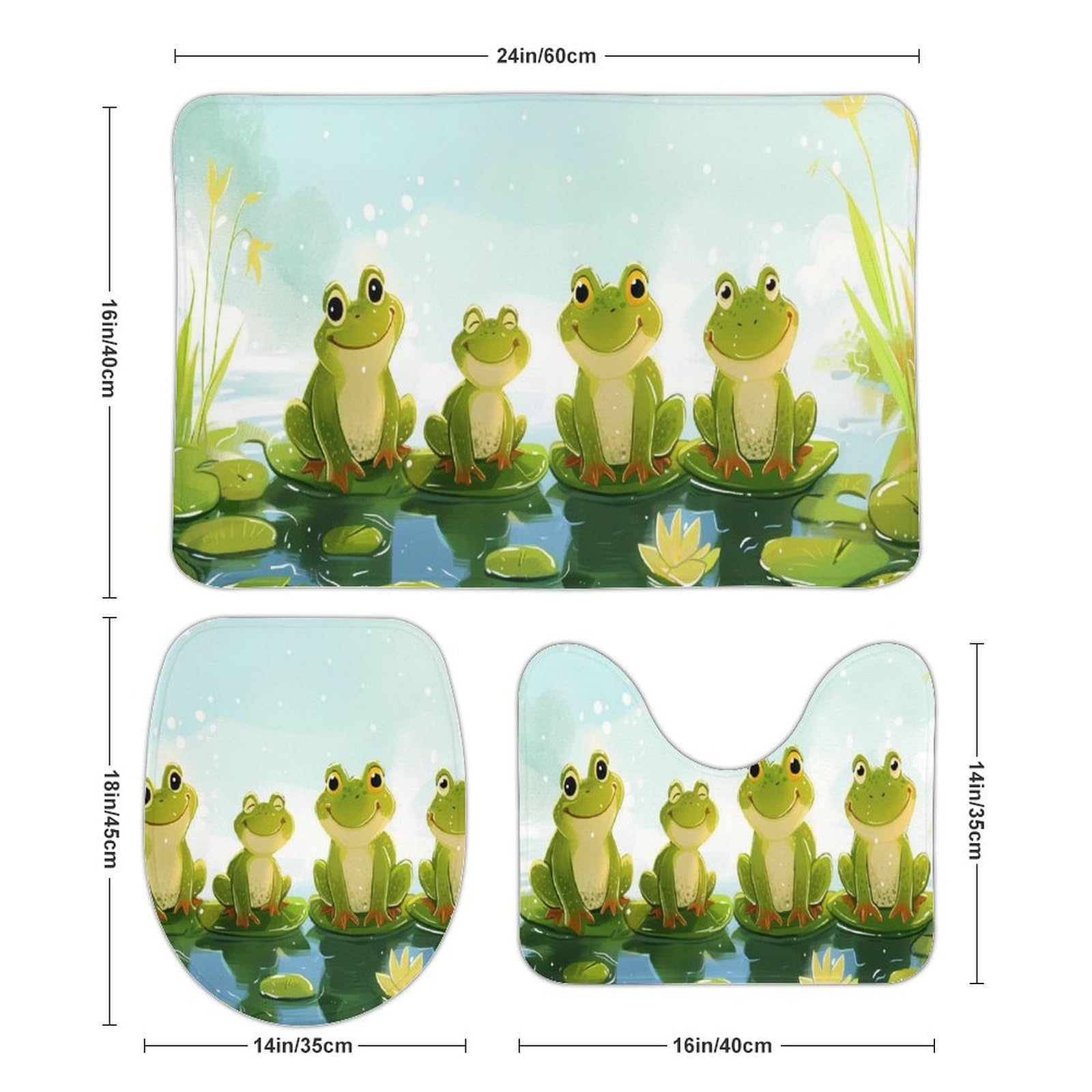 DuduYH Four Happy Frogs on Lily Pads Bathroom Rugs Sets 3 Piece - Sunny Day Time Bath Mats,U-Shape Toilet Lid Cover,Contour Mat,Shower Mats Bath Rug Mat for Bathroom Tub Toilet
