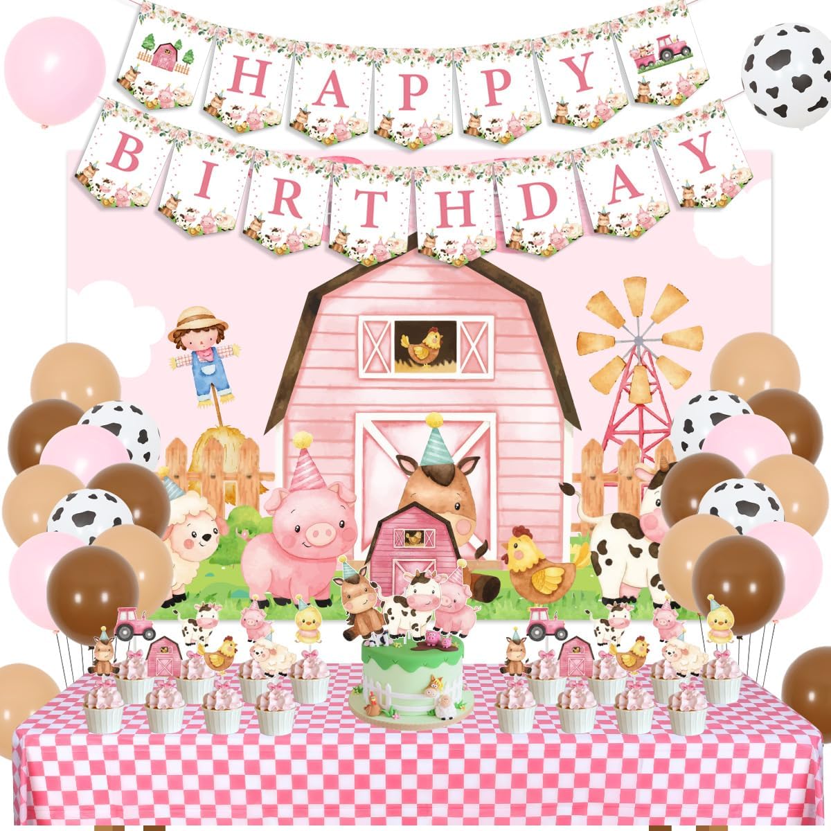 Farm Animal Birthday Party Decorations for Girls Pink Farm Barnyard Happy Birthday Backdrop Banner Cake Toppers Farmhouse Animals Decor Tablecloth Balloons for 1st 2nd Farmyard Bday Supply