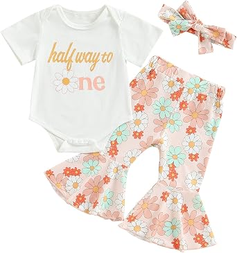 Bonangber Baby Girl Half 1st 2nd Birthday Outfit Short Sleeve Romper/Shirt Top Floral Bell Bottoms Pants Birthday Girl Outfit
