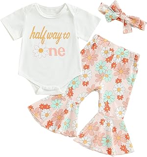 Baby Girl Half 1st 2nd Birthday Outfit Short Sleeve Romper/Shirt Top Floral Bell Bottoms Pants Birthday Girl Outfit