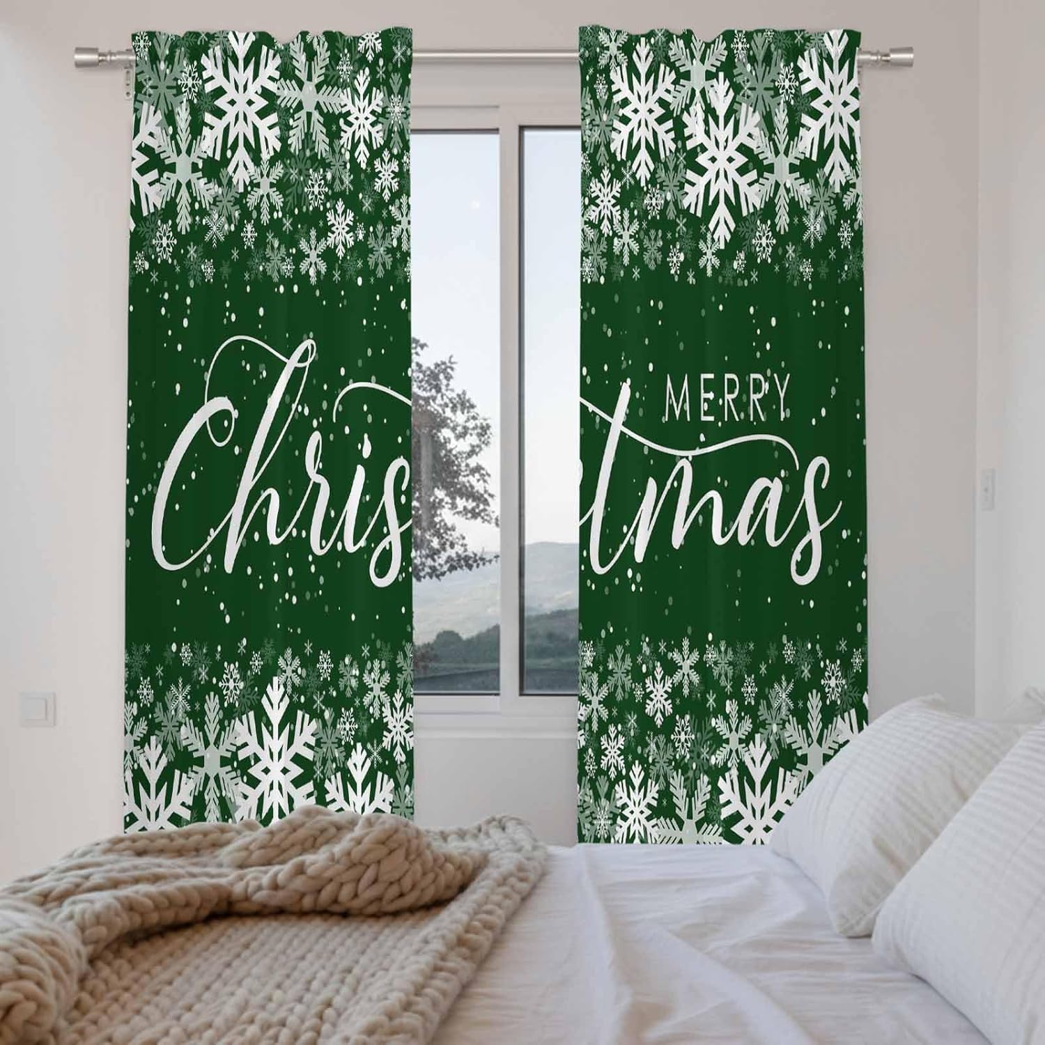 Merry Christmas Window Curtains 72 Inch Long 2 Panel Set, Rod Pocket Long Curtains & Drapes, Winter Snowflake Xmas Aesthetic Green Light Filtering Window Treatment for Bedroom Living Room 52"W x 72"L