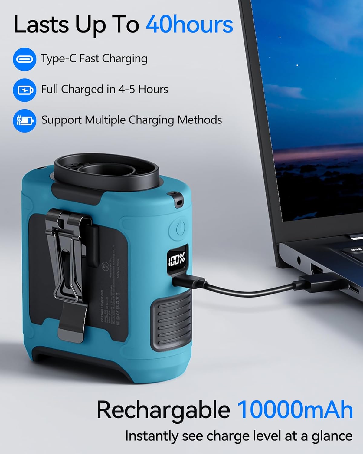 AI Portable Waist Fan Rechargeable 10000mah Belt Shirt Clip On Fan For Body Cooling That Blow Cold Air 5 Speeds Flashlight Up To 40H