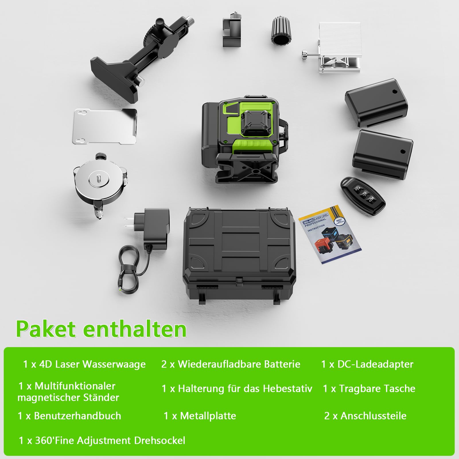 Kreuzlinienlaser Grün 16 Linien Nivellierlaser, 4 x 360 ° Laser wasserwaage, linienlaser kreuzlaser selbstnivellierend für Innenbereich Baustelle, 2 x Batterie Vermessungskabine