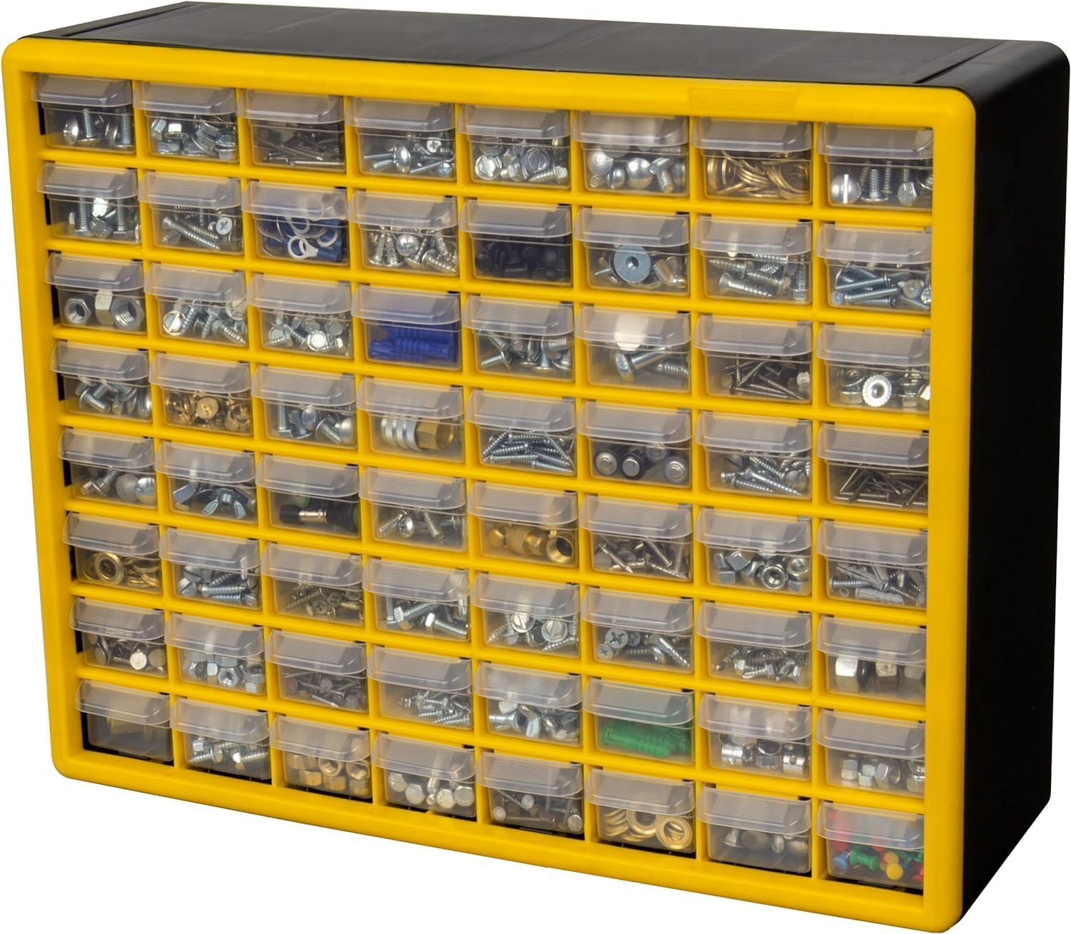 Akro-Mils 10164 Schubladenschrank mit 64 Schubladen, Kunststoff, für Garage, Perlen- und Make-up-Organizer, Lego-Aufbewahrung, Lehrer-Werkzeugkasten und mehr, 50,8 x 15,2 x 40,6 cm (B x T x H), Gelb