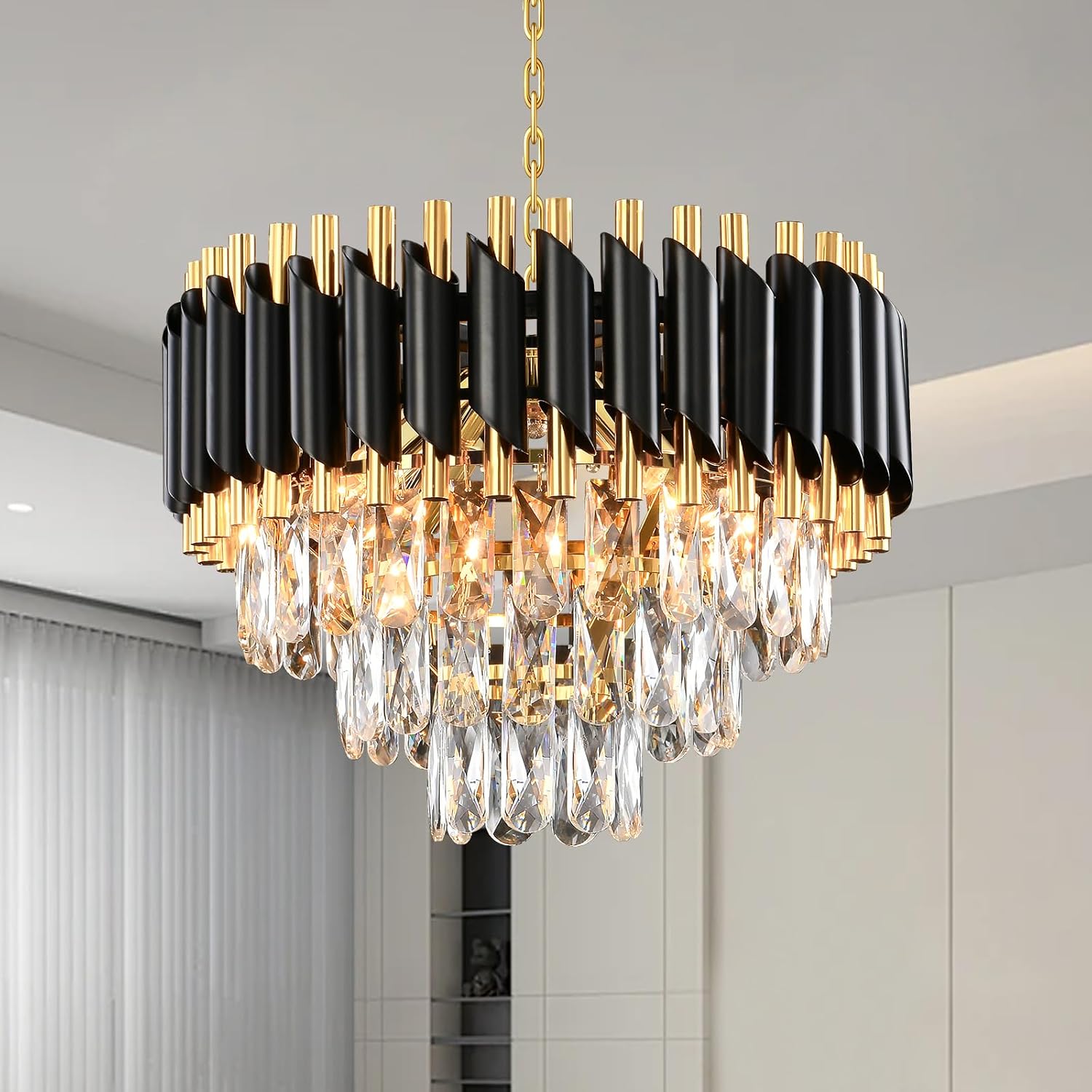 Crystal Chandeliers Modern 3-Tier Flush Mount Crystal Ceiling Light Raindrop Crystal Pendant Light Fixture for Dining Room Living Room E14*5 Bulb Excluding Bulbs [Energy Class F]